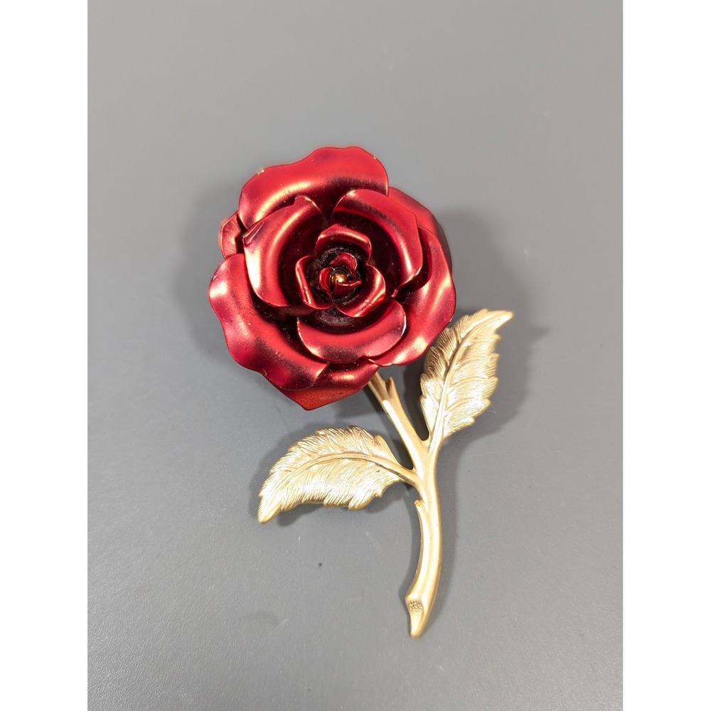 Vintage Red Rose Brooch Gold‎ Tone Metal Floral Pin
